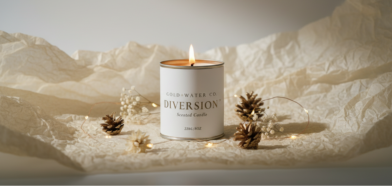 Candle on table. GOLD+WATER CO. Labeled with Diversion on crinkled paper with holiday decor.